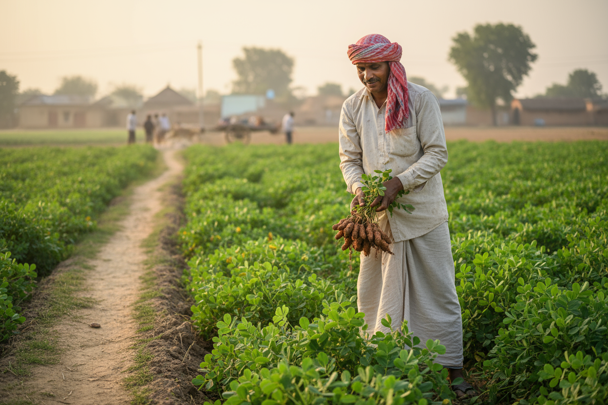 Create a high-quality, ultra-realistic photo of an Indian Gujarati farmer working in a groundnut (peanut) farm. 
The farmer is wearing a traditional gamcha and simple cotton clothes, standing between lush green groundnut plants. 
He is checking the plants and pulling out fresh groundnut roots with soil attached. 
Golden sunlight, early morning rural farm atmosphere, soft shadows, dusty pathway, natural village background, 
hyperrealistic 8k photography, DSLR depth of field, premium organic farming vibes, pr